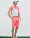 Men's short sleeve polo, with black trim, orange and white color blocking.