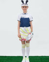 Girl's green A-Line skirt, in cat print.