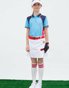 Girl's short sleeve marine polo, in blue, navy and red color blocking.