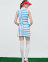 Women's mid-length dress, with all-over  blue and white  stripes, and red trims.