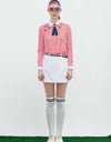 Women's long sleeve polo with removable necktie, in red stripe and unbrella print.