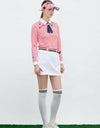 Women's long sleeve polo with removable necktie, in red stripe and unbrella print.
