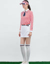 Women's long sleeve polo with removable necktie, in red stripe and unbrella print.