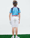Boy's short sleeve marine polo, in blue, navy and red color blocking.