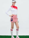 Women's asymmetric A-Line skirt, in red stripe and unbrella print.