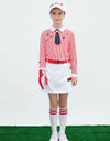 Girl's long sleeve polo with removable necktie, in red stripe and unbrella print.