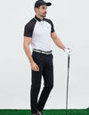Men's white short sleeve polo, with green stripe trims, black contrasting sleeves