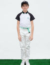 Boy's white short sleeve polo, with green stripe trims, black contrasting sleeves