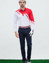 Men's long sleeve polo, in red and white color blocking