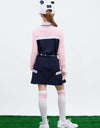 Girl's long sleeve polo, in pink and navy color blocking.