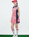 Women's mid-length sleeveless dress, in navy and white color blocking, with red stripes.