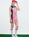 Women's mid-length sleeveless dress, in navy and white color blocking, with red stripes.
