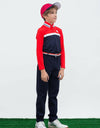 Girl's long sleeve polo, in red and navy color blocking.