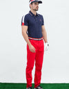 Men's short sleeve polo, with red and white color blocking on sleeves.