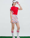 Women's short sleeve polo, with red and white color blocking on sleeves