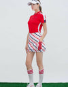 Women's white A-Line skirt, with candy stripes, embroidered scallop hem. 