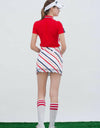 Women's white A-Line skirt, with candy stripes, embroidered scallop hem. 