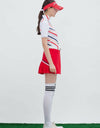 Women's white short sleeve layering top, mock neck, candy stripes. 