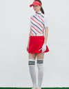Women's white short sleeve layering top, mock neck, candy stripes. 