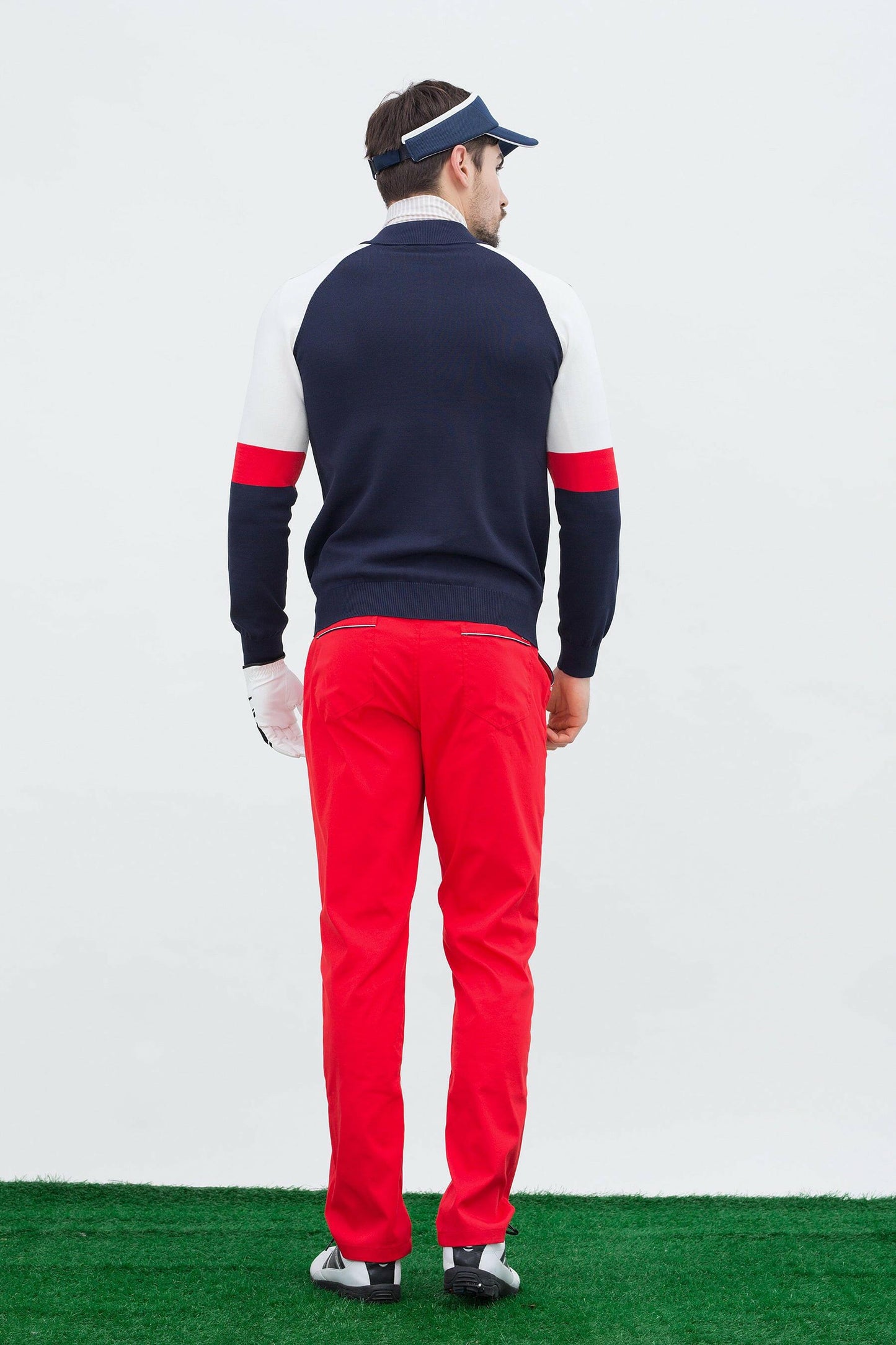 Men's long sleeve cardigan, in navy, white and red color blocking.