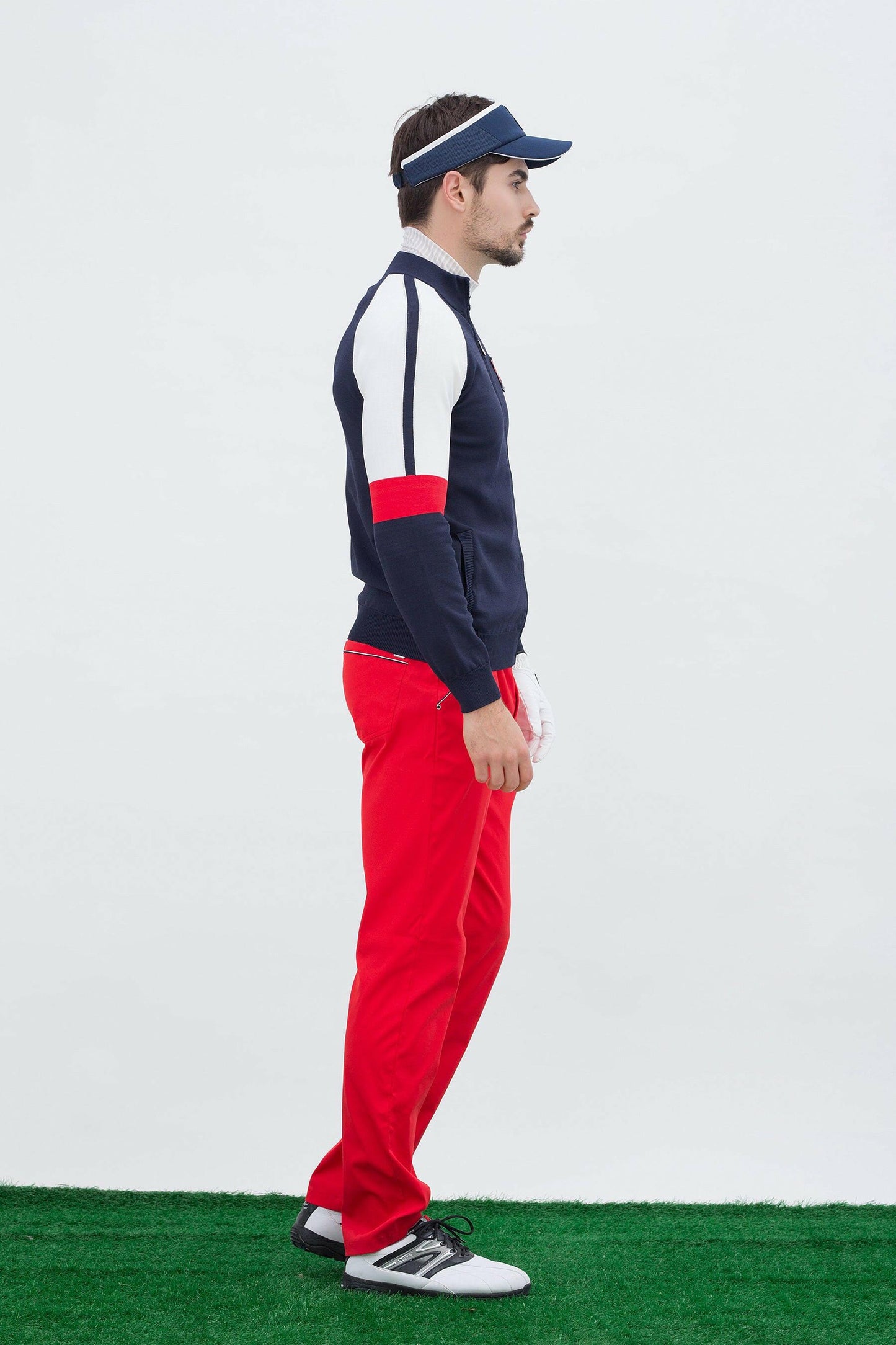 Men's long sleeve cardigan, in navy, white and red color blocking.