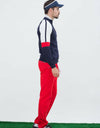 Men's long sleeve cardigan, in navy, white and red color blocking.