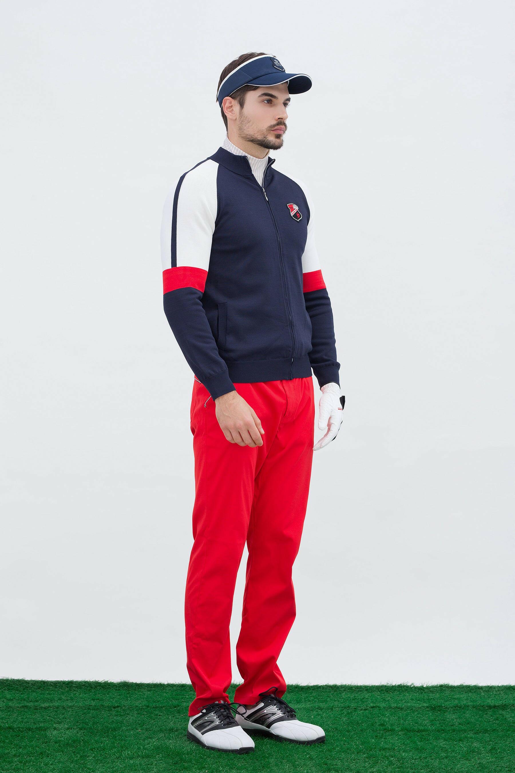 Men's long sleeve cardigan, in navy, white and red color blocking.