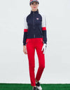 Women's long sleeve cardigan, in navy, white and red color blocking.