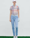 Women's zipped V-neck polo, in beige plaid, and side trim with floral prints.