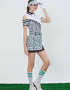 Women's A-Line skirt, with mesh lining, green color insert, and letter print.