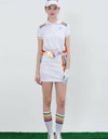 Women's white short sleeve polo, with rainbow stripes on shoulder.