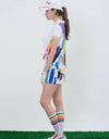 Women's white short sleeve polo, with rainbow stripes on shoulder.