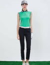 Women's sleeveless top, in green, with balck and white trims on shoulder and sleeves.