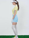 Women's A-Line skirt, in white and blue stripes, and yellow color insert.