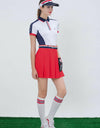 Women's mid-length dress, in white, navy and red color blocking, polo neck. 
