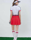 Women's mid-length dress, in white, navy and red color blocking, polo neck. 