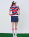 Women's zipped short sleeve shirt, in red and navy camouflage.