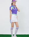 Women's purple short sleeve polo, with rainbow blast print.