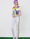 Women's short sleeve shirt, stand collar with neck tie, rainbow blast print. 