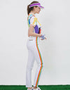Women's short sleeve shirt, stand collar with neck tie, rainbow blast print. 