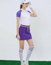 Women's white short sleeve polo, with red and yellow stripe trims, purple contrasting sleeves