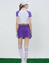 Women's purple A-Line skirt with rainbow waist tie, back pockets.