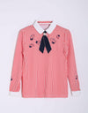Girl's long sleeve polo with removable necktie, in red stripe and unbrella print.