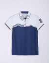 Girl's short sleeve polo with cat shape print, in navy and white color blocking.