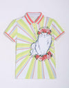 Girl's green short sleeve polo with color-blocking collar, in cat print.
