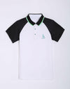 Boy's white short sleeve polo, with green stripe trims, black contrasting sleeves