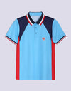 Boy's short sleeve marine polo, in blue, navy and red color blocking.