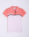 Boy's short sleeve polo, with black trim, orange and white color blocking.
