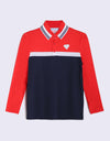 Girl's long sleeve polo, in red and navy color blocking.