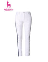 Women's padded pants with navy stripe trims, in white.